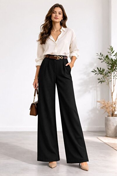 CGA Pantaloni de damă cu talie groasă curea pantaloni palazzo lână Efect