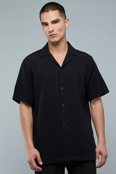 R&B Textured Shirt with Revere Collar and Short Sleeves