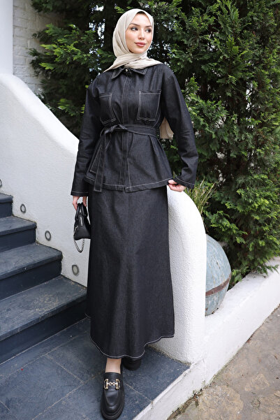 İmajButik Set negru cu fustă și jachetă, cu curea în talie, model cu buzunare