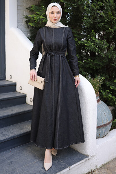 İmajButik فستان دينيم أسود بياقة دائرية وحزام