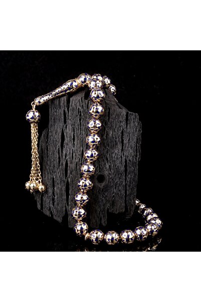 İskender Tesbih Lacivert Mine İşlemeli Yuvarlak Kesim Altın Tesbih