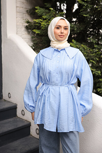 İmajButik Baby Blue Peter Pan collar Waist Tie-Detail Shirt