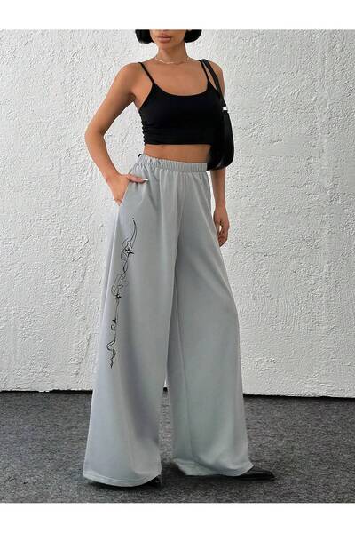 onlymoon Women's Gray Wide-Leg Pants ◆   Bol Cut ◆ Printing Stone Engraving D...