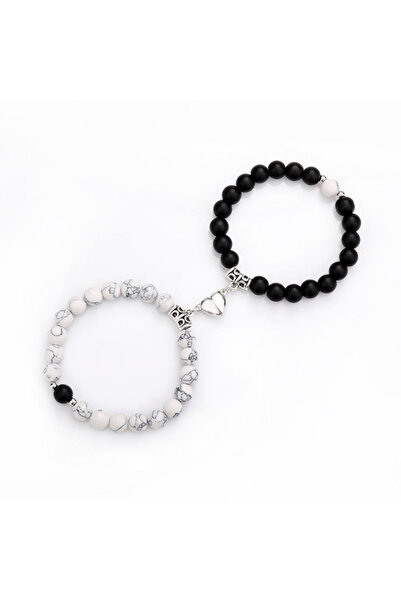 EFAYN.RO Set 2 bratari cuplu cu magnet inima, roca semipretioasa, neagra si a...