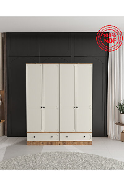 Teen & Bright IRMAK 4 KAPAKLI ÇEKMECELİ BAZALI GARDIROP - TAMAMI MDF