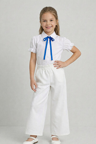 nacar çarşı بنطلون أبيض واسع الساقين للفتيات مع دانتيل فيونكات زرقاء أزرق بلو...