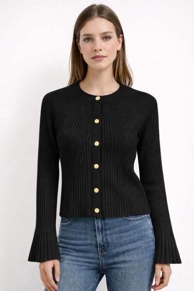 CGA Women's Black Cardigan Crew Neck Spanish Sleeve Gold Button Cardigan