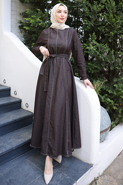 İmajButik Brown Crew Neck Belted Denim Dress