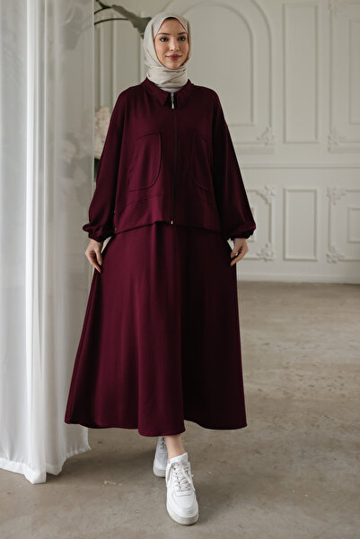 İmajButik Set modal piese: Cardigan cu fermoar și fustă Prune