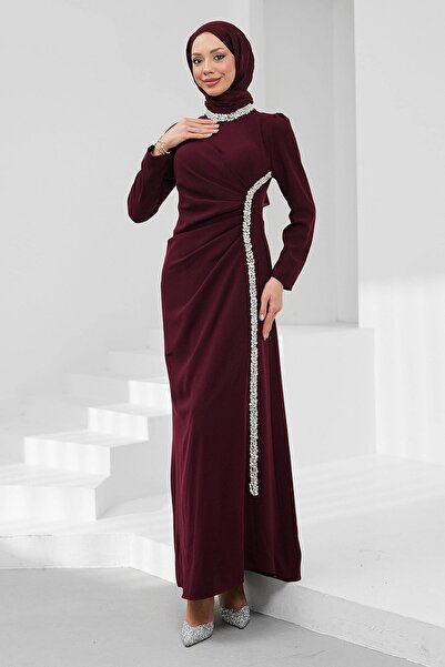 İmajButik Βραδινό φόρεμα μπορντό με ντραπέ πέτρες στο μπροστινό μέρος