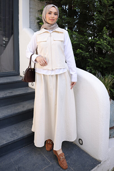 İmajButik Beige Vest Shirt Skirt Triple Set