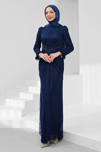 İmajButik Navy Blue Waist Detailed Fish Model Guipure Lace Evening Dress