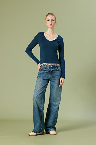 Nisan Δαντέλα ΛΕΠΤΟΜΕΡΕΣ ΛΕΠΤΟΜΕΡΕΣ ΣΤΟΙΧΕΙΑ ΜΠΛΟΥΖΑΚΙΟΥ ΜΕ ΛΑΙΜΟΚΟΨΗ V