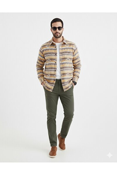 noliva bebek ve çocuk Men's Brown Ethnic Patterned Lumberjack Shirt