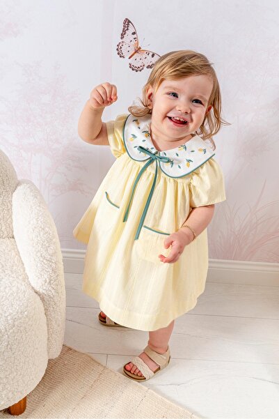 Mert Baby Baby Lemon Elbise Nakışlı Yaka Cep Detaylı Kız Bebek Özel Gün %100 ...
