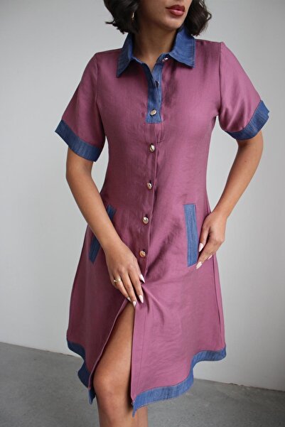 Ded COLLECTION Rochie de damă din denim cu nasturi și guler, cu mâneci scurte...