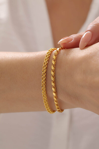 Kado Kuyumculuk 14 Ayar Altın Ters Örgü Halat & Pullu Halep Bileklik