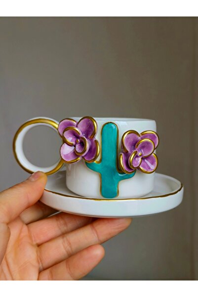 KOTYORA Floral Cactus Gift Handmade Ceramic Turkish Coffee Cup