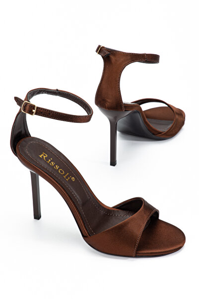 RİSSOLİ Women's Brown Satin Round Toe Ankle Strap Heels Sandals