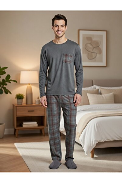 PİJART Anthracite Plaid Long Sleeve Men's Pajama Set