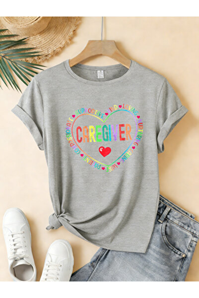 mercoledi Women's Heart Printed Crew Neck Regular Fit Oversized T-Shirt