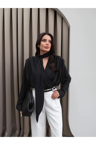 solena sln Women's Shawl Scarf Padded Shoulders Design Shirt Blouse Black