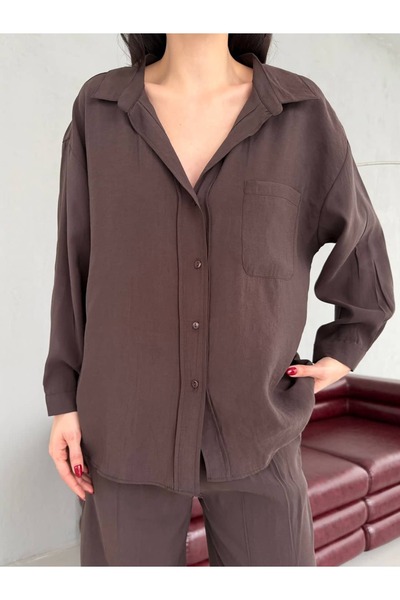 Veni Life قماش مودال قميص كبير الحجم بأكمام طويلة من القماش وياقة ديجاجي بتفا...