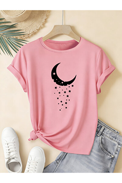 mercoledi Women's Half Moon Printed Crew Neck Regular Fit Oversized T-Shirt