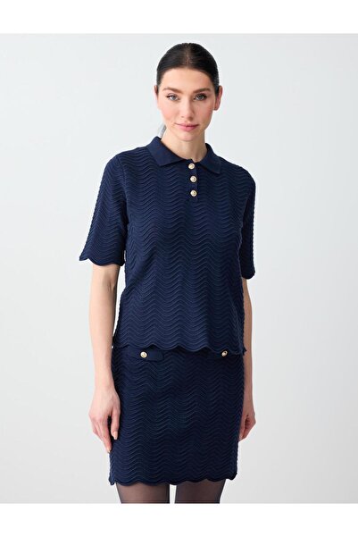 Jimmy Key Lacivert Polo Yaka Kısa Kollu Parlak Düğmeli Triko Bluz