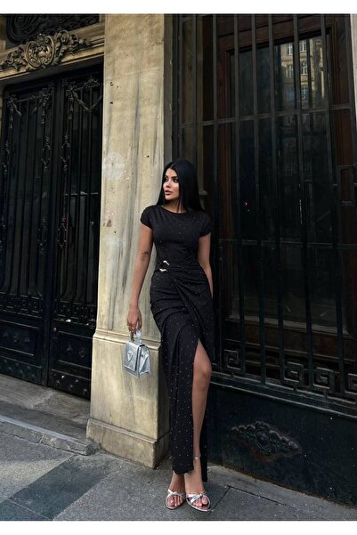 conconmoda Sandy Kristal Taşlı Drapeli Kayık Yaka Uzun Siyah Abiye Elbise