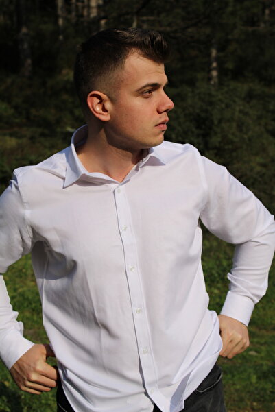 Slim Fit Klasik Yaka Desenli Oxford Beyaz Pamuklu Gömlek