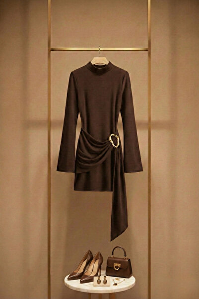 PASTELASTORE Buckle Detail Belted Mock Neck Mini Women's Dress