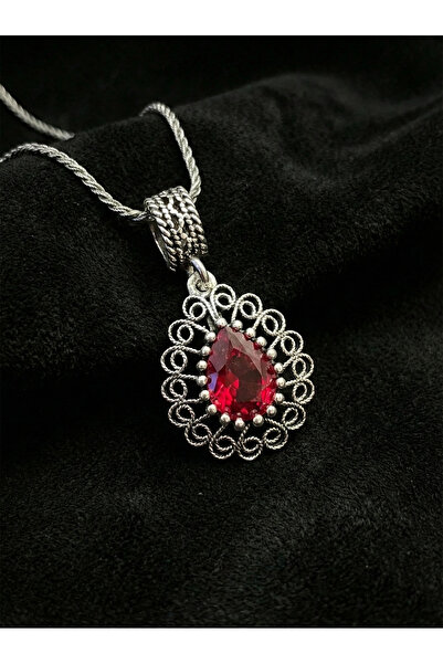 Erdobia 925 Ayar Gümüş Lal Taşlı Elişi Geleneksel Damla Telkari Kolye