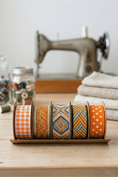 FANTASTIC KURDELE 5-Piece Orange Jacquard Ribbon Set - Gingham , Polka Dot an...