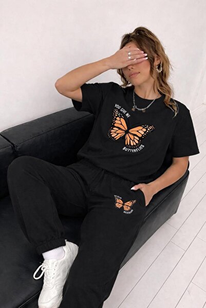 zeag Women's Orange Butterfly Printed T-Shirt and Sweatpants Set