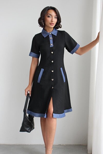 Ded COLLECTION Rochie de damă din denim cu nasturi și guler, cu mâneci scurte...