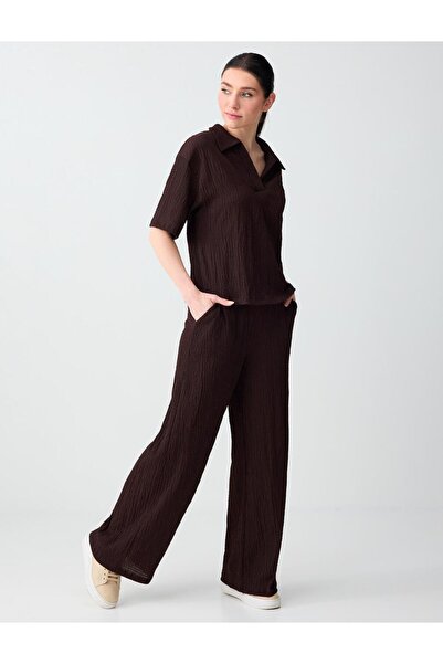 Jimmy Key Acı Kahve Düz Kesim Yüksek Bel Uzun Örme Pantolon