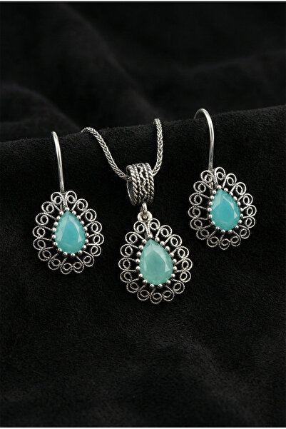 Erdobia 925 Ayar Gümüş Aventurin Taşlı Elişi Geleneksel Damla Telkari Kolye-K...