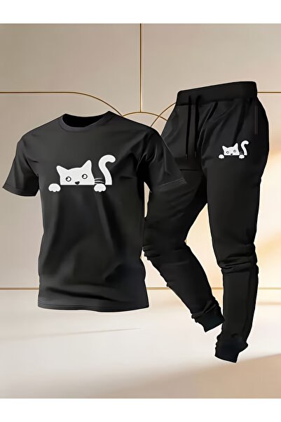 Rayan & Hoor Style Kedi Printed Soft Short Sleeve Top and Shorts Set