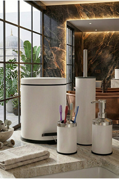 Bürke 4-Piece Bathroom Set White 3 Liter Trash Can Wc Brush Liquid Soap Dispe...