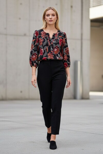 Lupinn Дамска блуза с V-образно деколте, черна с флорален мотив, лека, удобна...