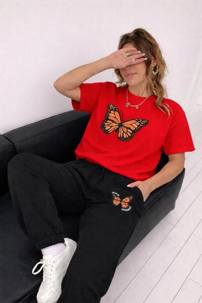zeag Women's Orange Butterfly Printed T-Shirt and Sweatpants Set