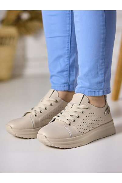 Tellus Women's Beige Genuine Leather Casual Sneakers, Trendy & Comfort, FJ305-3