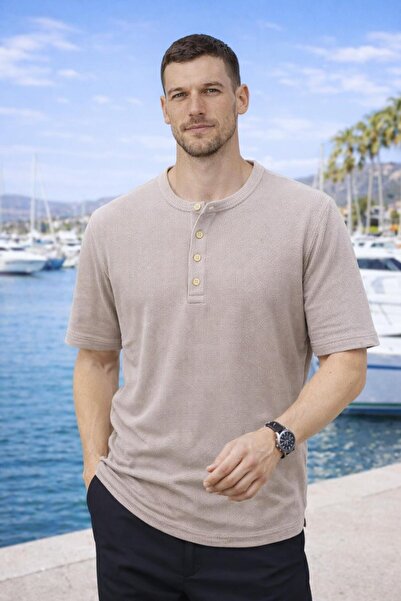 Valiberta Roth Relaxed Fit Casual Henley Collar Waffle Fabric Summer Short Sl...