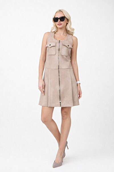 Unique piele întoarsă ROCHIE DIN MATERIAL TEXTIL