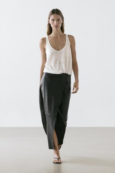 Massimo Dutti Dikiş detaylı napa deri midi etek