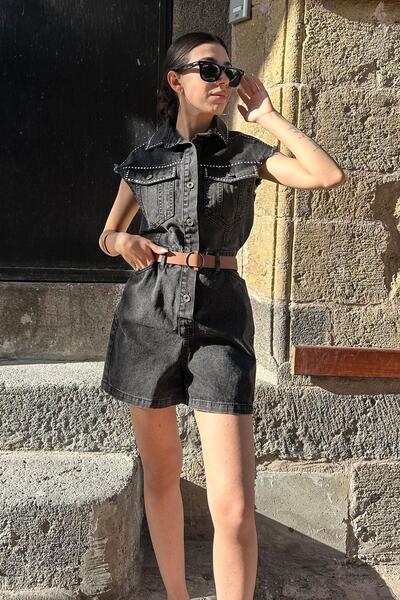 LEVURE Staple Detail Embroidery Denim Jumpsuit - Black Black