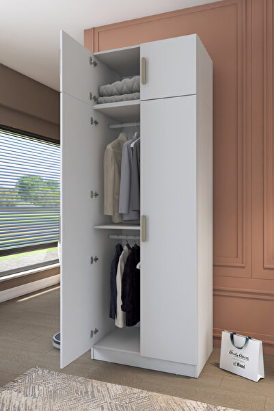 Rani Mobilya Rani BA209 Gardırop 4 Kapaklı Raflı 2 Askılı Elbise Dolabı Beyaz