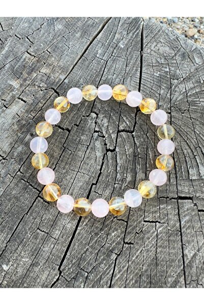 Zodyak Doğal Taş 8 mm Citrine - Madagascar Pink Quartz Stone Men's Women's Na...