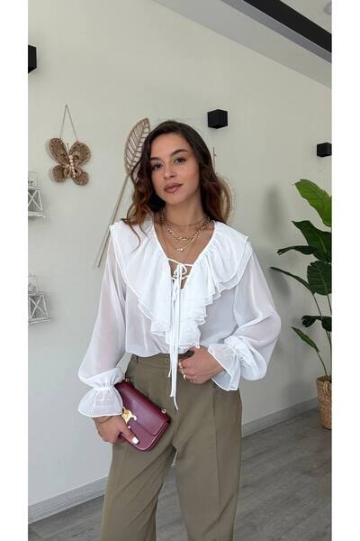 FORSACE Şifon Fırfır Detaylı Bağcıklı V Yaka Kadın Gömlek